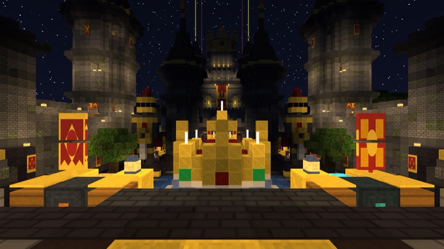 The castle courtyard at night: a golden crown fountain, banners and gold knight statues